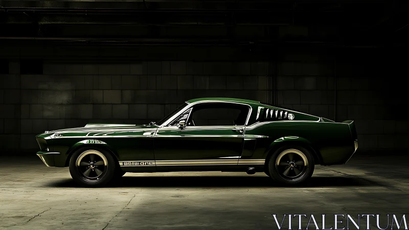 Dark green classic fastback muscle car rests in studio light