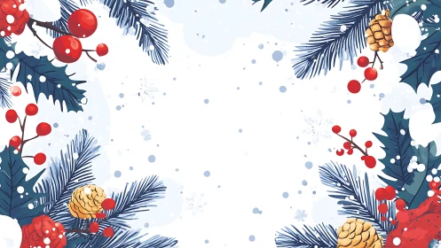 Symmetrical winter foliage frame integrates berries, cones and snowdrift space