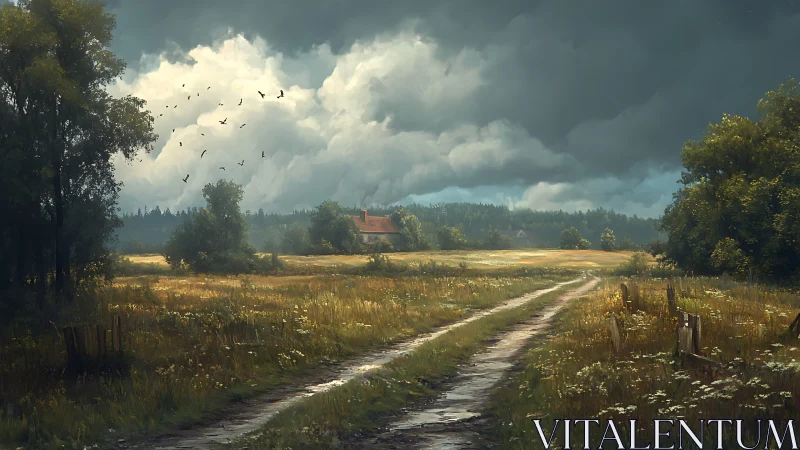 Storm-brewing country lane curls toward a hushed red-roof home