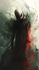 Abstract humanoid figure with mask in dark swirling forms.