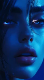 Neon-illuminated cybernetic gaze in hyperreal blue portrait.