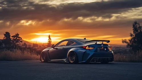 Widebody Lexus coupe at sunset with aero kit precision.