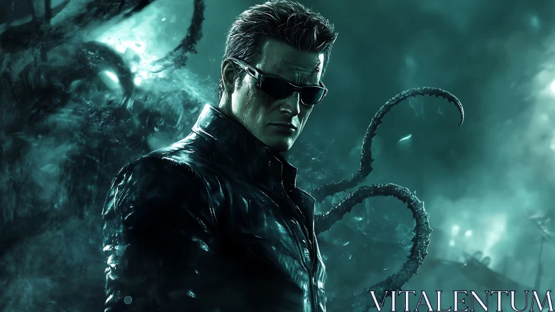 Midnight bio-tech enforcer amid writhing abyssal tentacles.