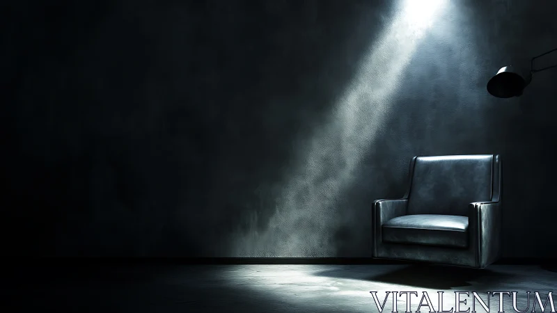 Single leather armchair sits under strong directional spotlight