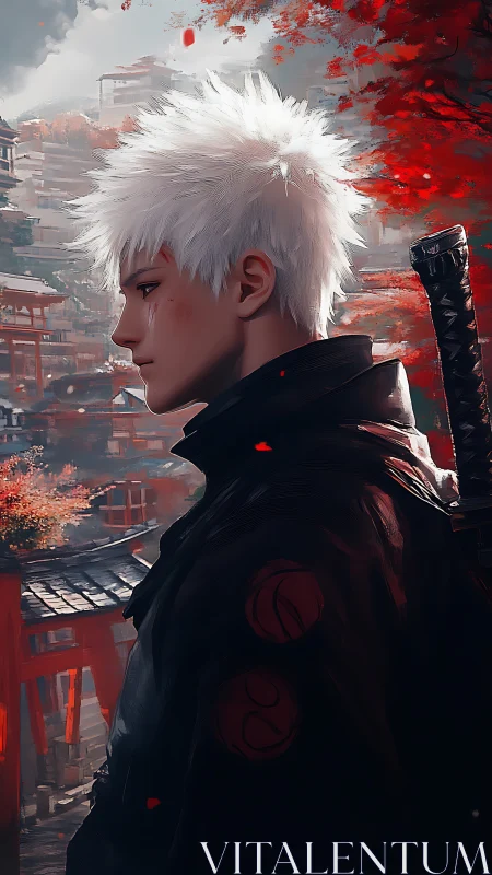 White haired ronin brooding beneath crimson shrine sky.