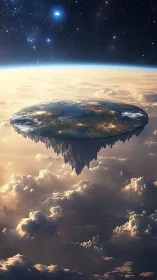 Drifting flat world island cradled above sunlit clouds.