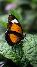 Orange-black butterfly rests on textured green leaf calmly.