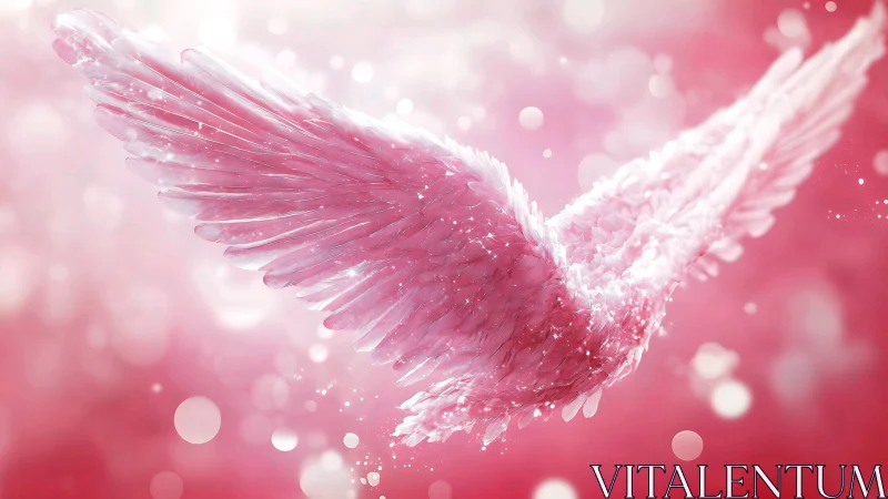 Pink ethereal angel wings glowing over soft bokeh sky.