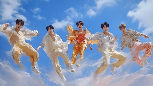 Five stylish young men leaping midair against blue sky.