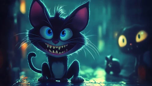 Hyperlit cartoon alley cat with exaggerated teeth and neon rim light