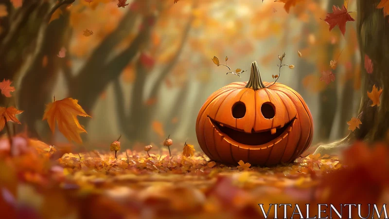 Carved pumpkin sits on leaf-covered forest floor in autumn