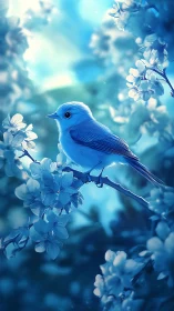 Blue Bird Perched Among Delicate Blossoms in Soft Light.