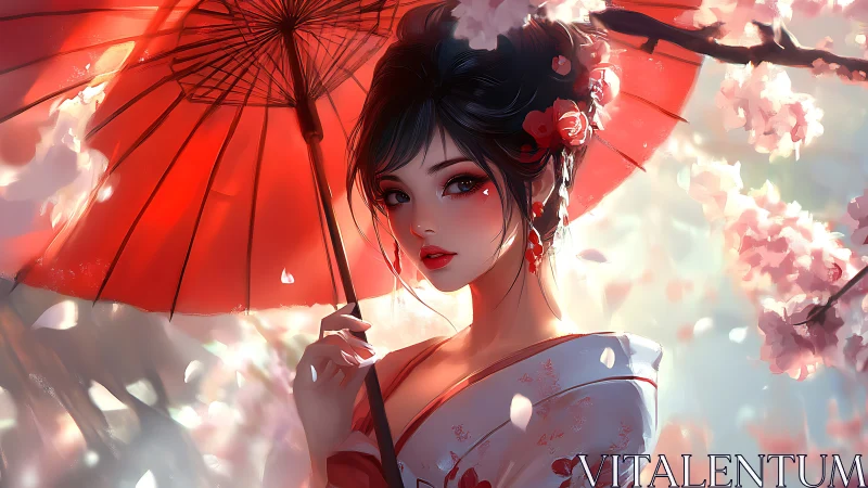 Geisha portrait under red parasol amid soft sakura bloom.