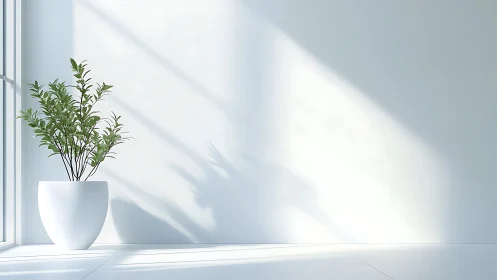 Minimalist potted plant in bright sunlit interior corner.