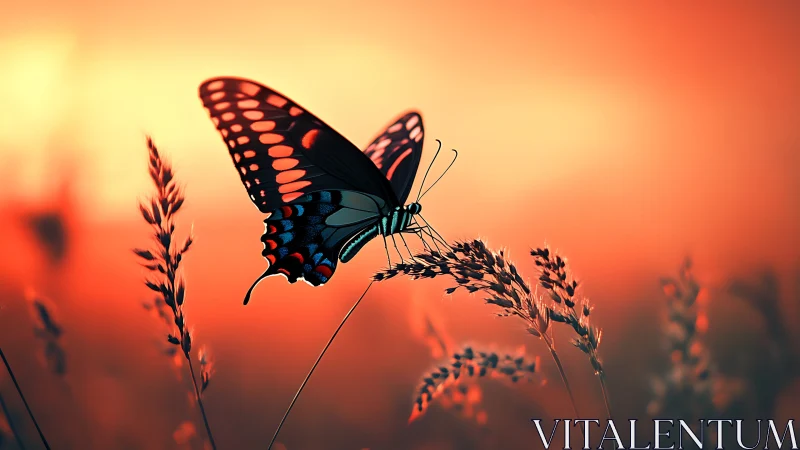 Butterfly in silhouette against vivid orange sunset glow.