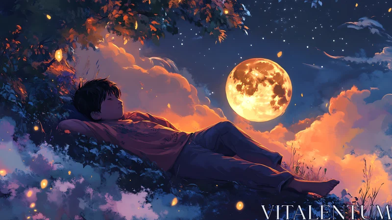 Moonlit hillside dreamscape with resting child under stars.