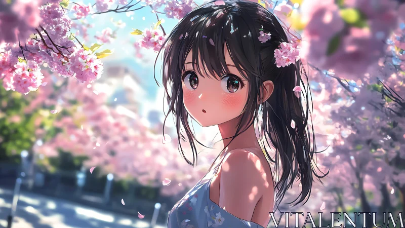Anime girl glows softly beneath drifting cherry blossoms.
