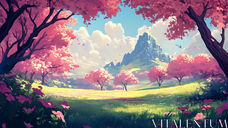 Blossoming valley landscape with pink trees and distant peak.