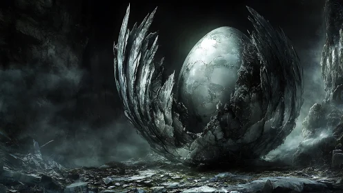 Ancient stone egg cradled by shattered crystal wings.