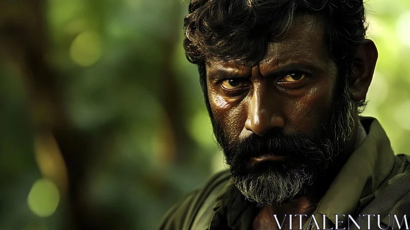 Weathered jungle sentinel with an iron, unblinking stare.