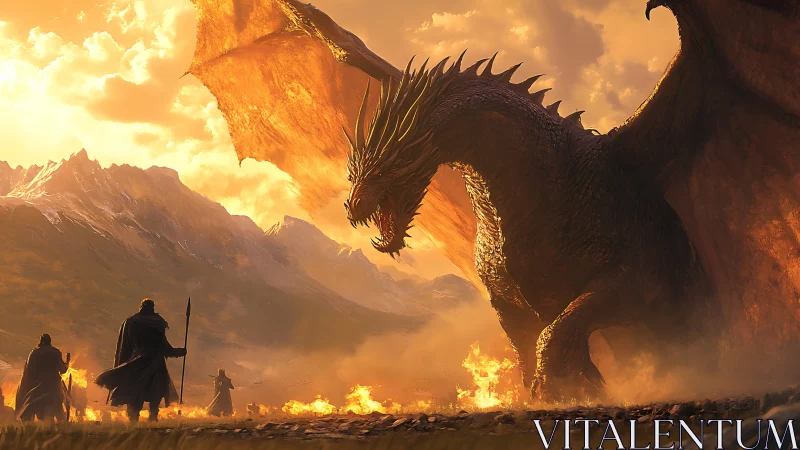Armored dragon confronts cloaked warriors at sunset.