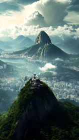 Christ the Redeemer rises above a misty, sunlit Rio skyline.