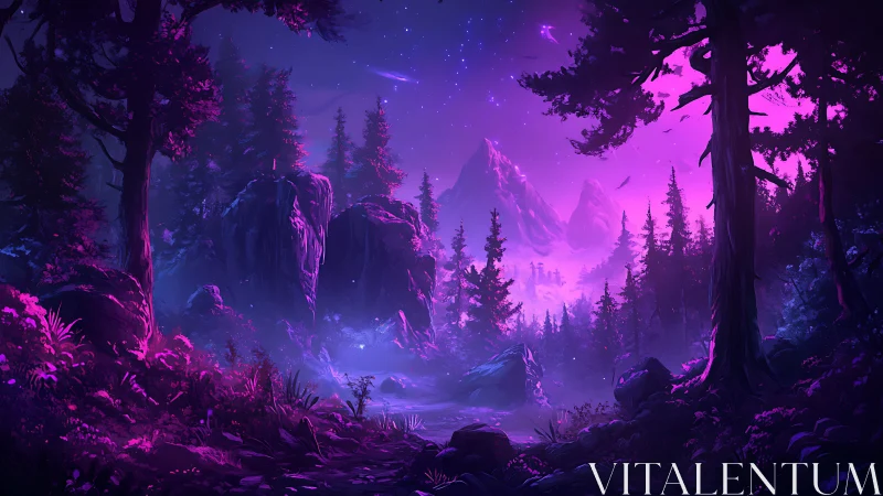 Neon-Lit Nocturnal Forest with Magenta Aurora Glow and Crystalline Peak Formations