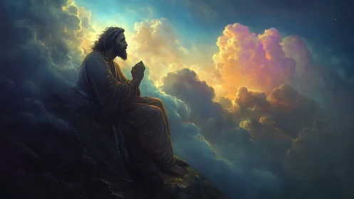 Gentle robed figure prays quietly above glowing clouds