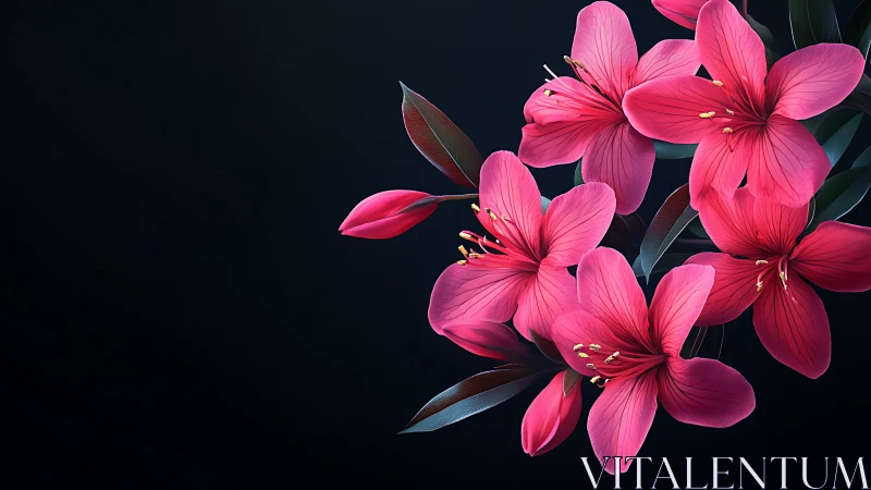 Vibrant pink flowers with dark foliage against black background.