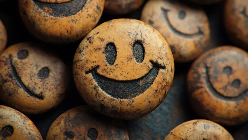 Rustic carved smiley faces on worn round stone tokens.