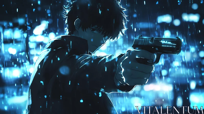 Neo-noir anime gunman in blue-lit urban rain tableau.