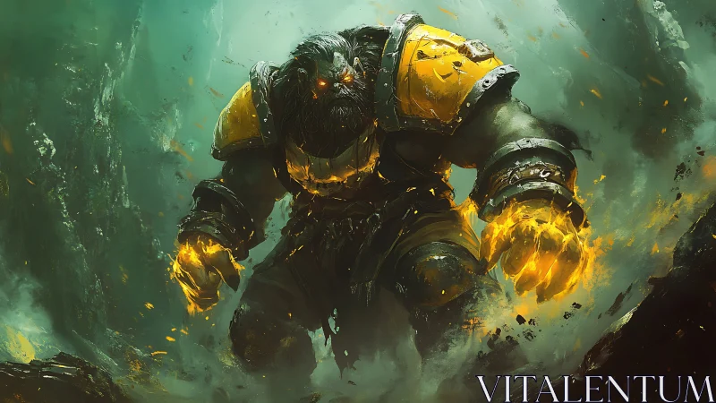 Molten armored giant strides through swirling emerald mist.