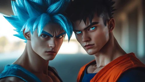 Blue-haired warriors with glowing eyes in urban corridor.