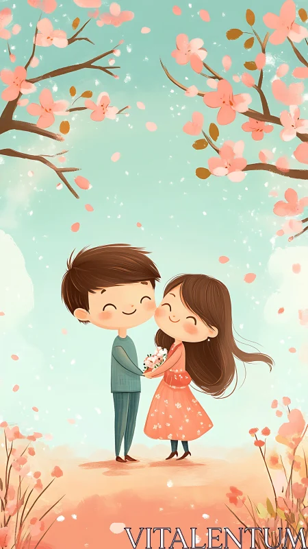 Couple Under Blossoms, Spring Romance Scene.