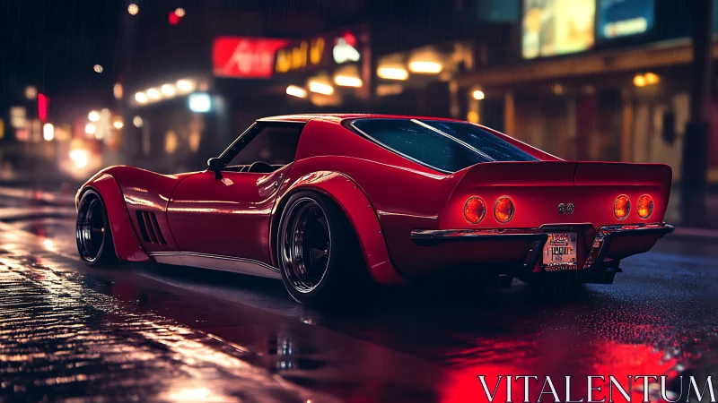 Photorealistic red muscle car on neon-soaked night street scene.
