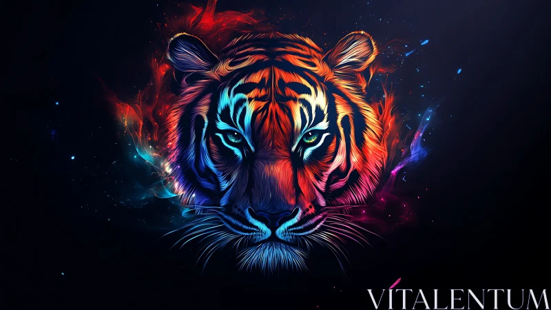 Neon-colored tiger portrait is rendered on a dark background