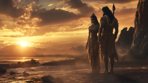 Divine couple walk a mythic shoreline at molten sunset glow