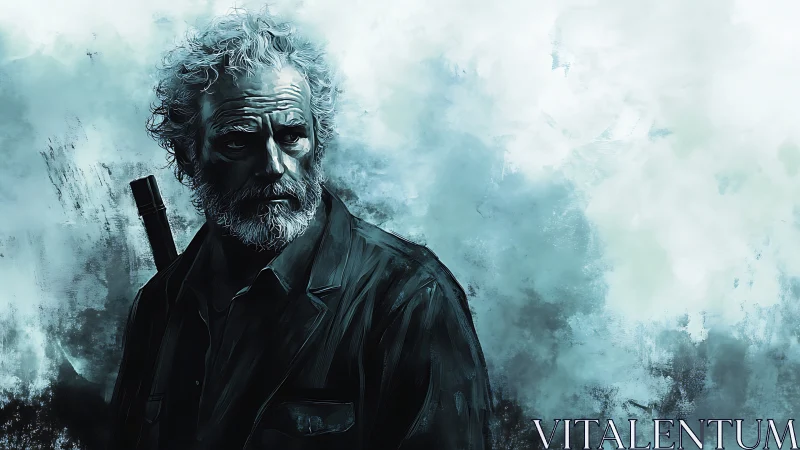 Weathered wanderer in stormwashed teal and shadowed resolve.