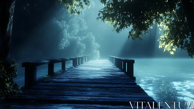 Dreamlike wooden pier in misty blue forest lightscape.