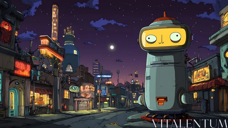 Large robot structure in illuminated retro-future city street.