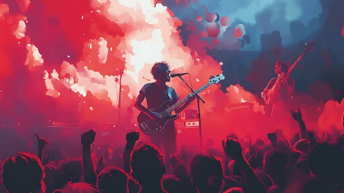 Backlit rock bassist silhouettes against dense red stage haze