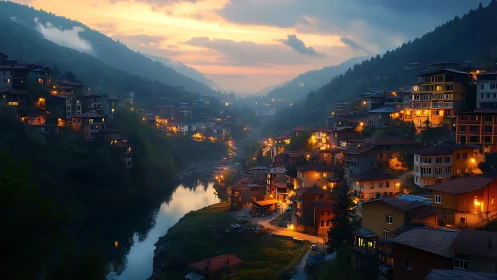 Mountain valley town at dusk rendered in warm photoreal light