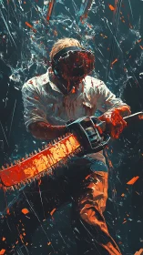 Neon-drenched chainsaw chaos in a shattered dark arena.