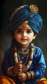 Radiant child prince smiles in rich blue turban and jewels
