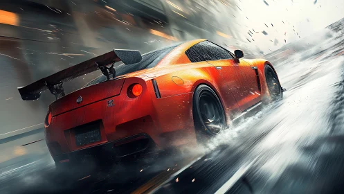 Blazing orange sports car carving through rain-soaked streets.