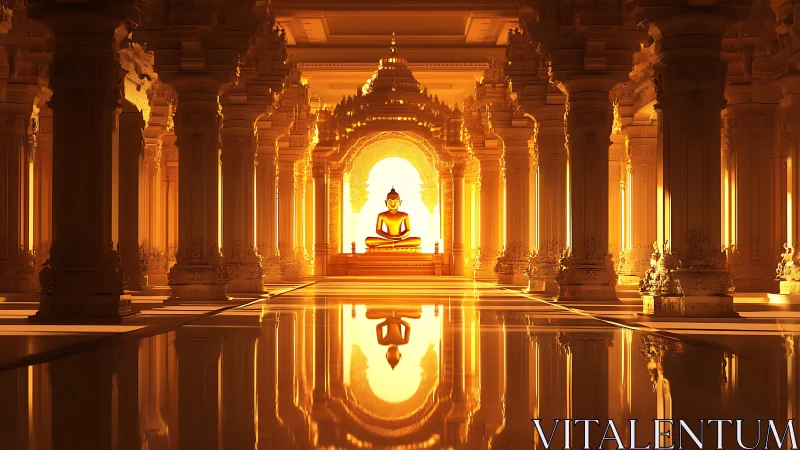 Golden temple hall frames radiant seated Buddha figure.