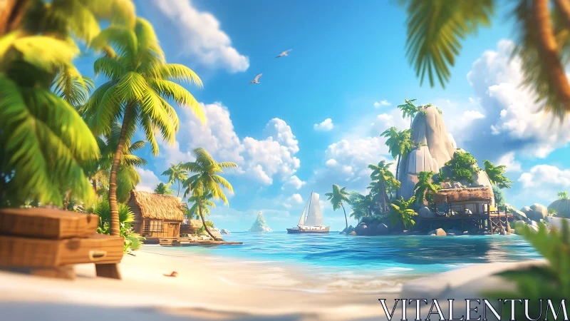 Tropical Island Paradise with Sailboat and Ancient Monument.