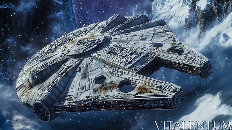 Spaceship hovers over icy cliffs in detailed digital render