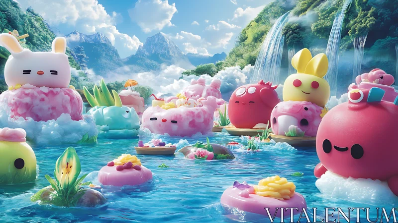 Candy-colored kawaii creatures drift across crystal lagoon