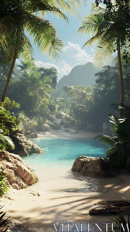 Tropical Lagoon Sanctuary with Palms and Mountain Vista.